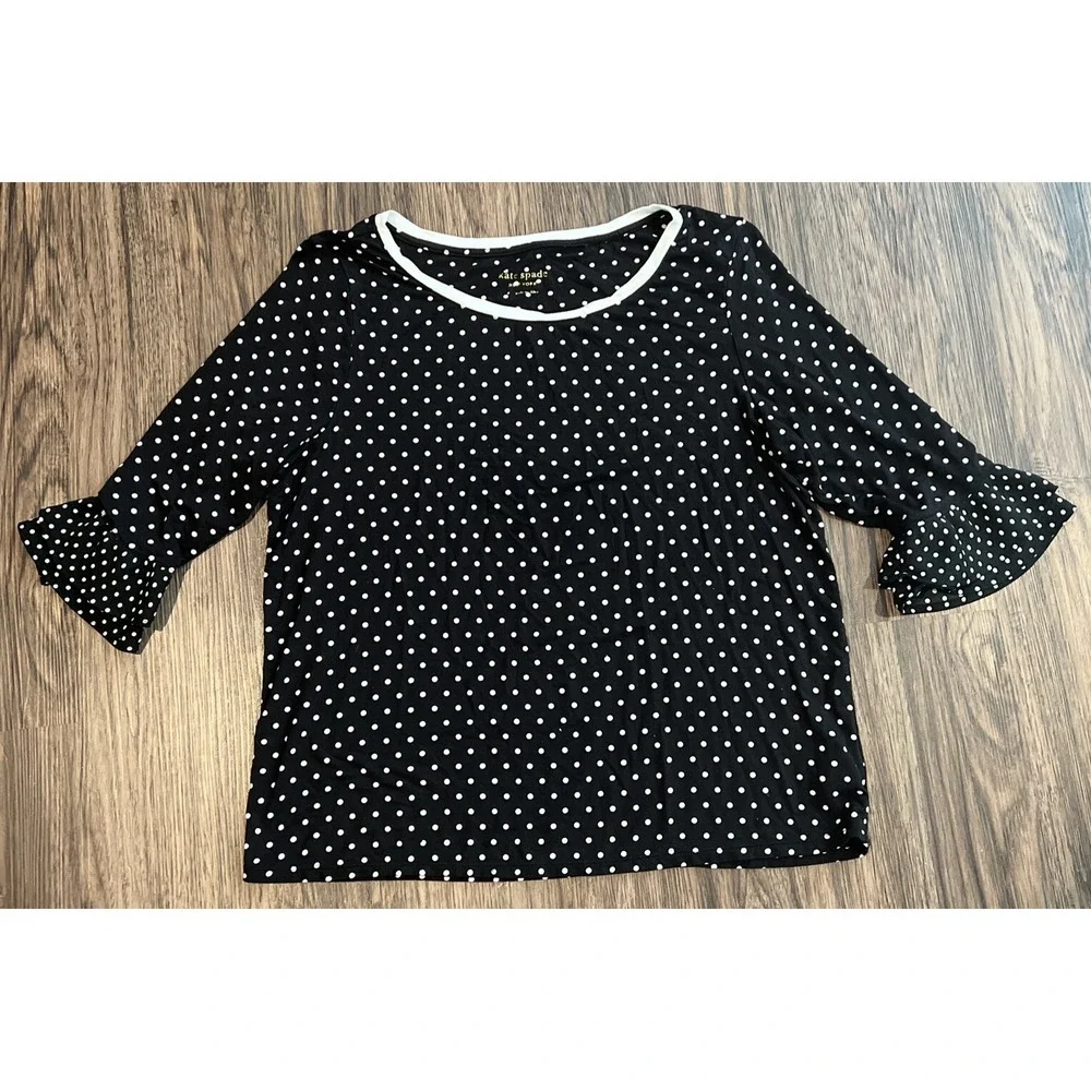 Kate Spade New York  polka Dot Black & White 1/2 Ruffle Sleeve Top Blouse S-CH